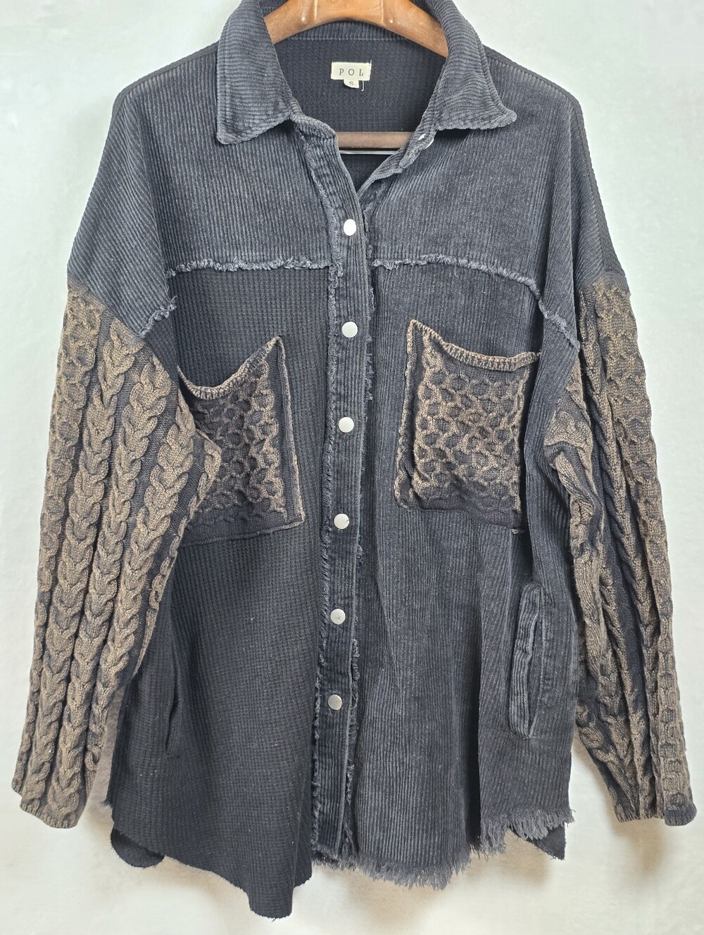 POL Black Corduroy Mix Media Shacket Cable Knit Sleeves Sz.S Oversizte Patchwork